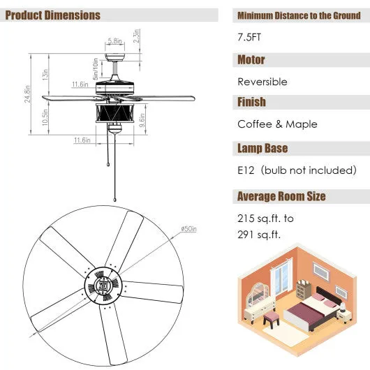 50 Inches Ceiling Fan with Lights Reversible Blades and Pull Chain Control-Black