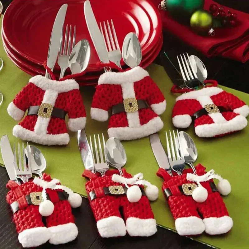 6-Piece Santa Suit Cutlery Holders for Christmas Table Decor - Gift Bags for New Year Celebrations