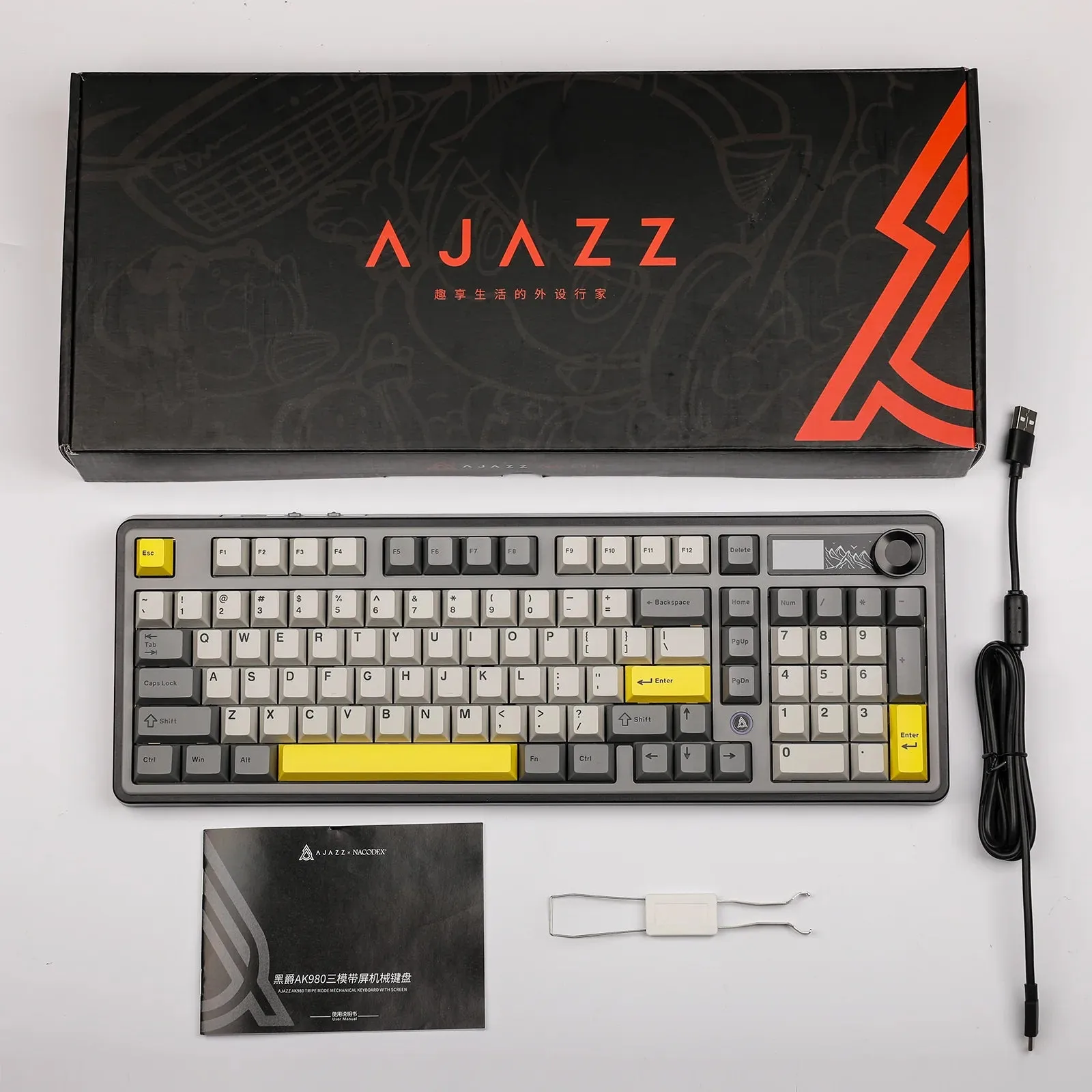 Ajazz AK980 Black-Gray-Yellow Mechanical keyboard With Screen RGB Wired&Wireless (Maillard switch)