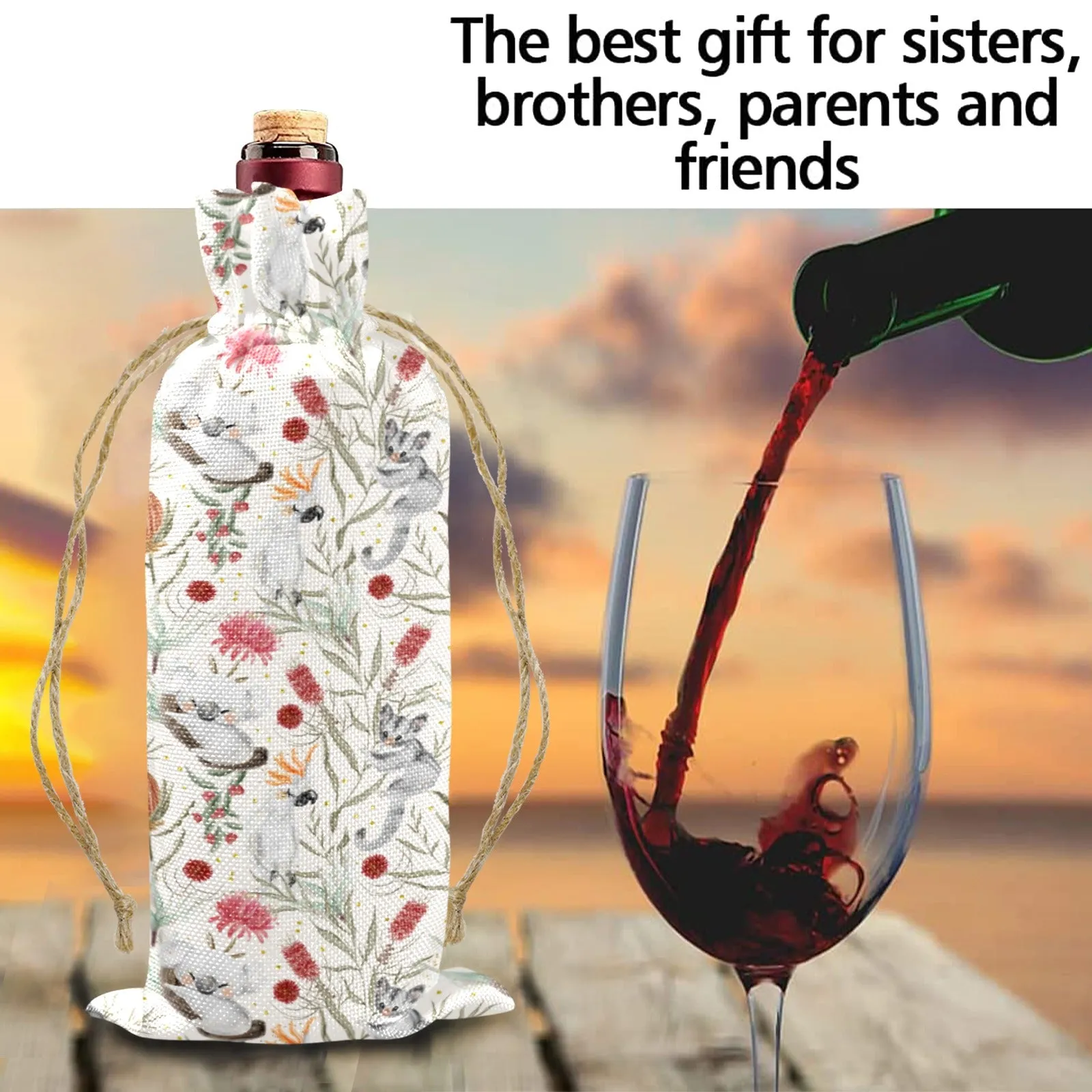 Australian Animals Koala and Sugar Glider Linen Wine Bottle Bag