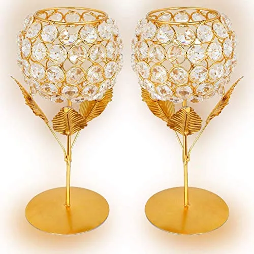 Collectible India Gold Plated Crystal Candle Holder Tea Light Stand Votive- Decorative Tealight Holders for Home Office Living Room Indoor Garden Dining Centerpiece Decoration, (Set of 2), Small