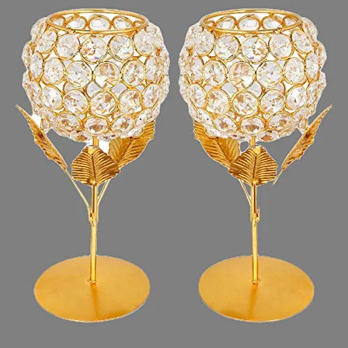 Collectible India Gold Plated Crystal Candle Holder Tea Light Stand Votive- Decorative Tealight Holders for Home Office Living Room Indoor Garden Dining Centerpiece Decoration, (Set of 2), Small