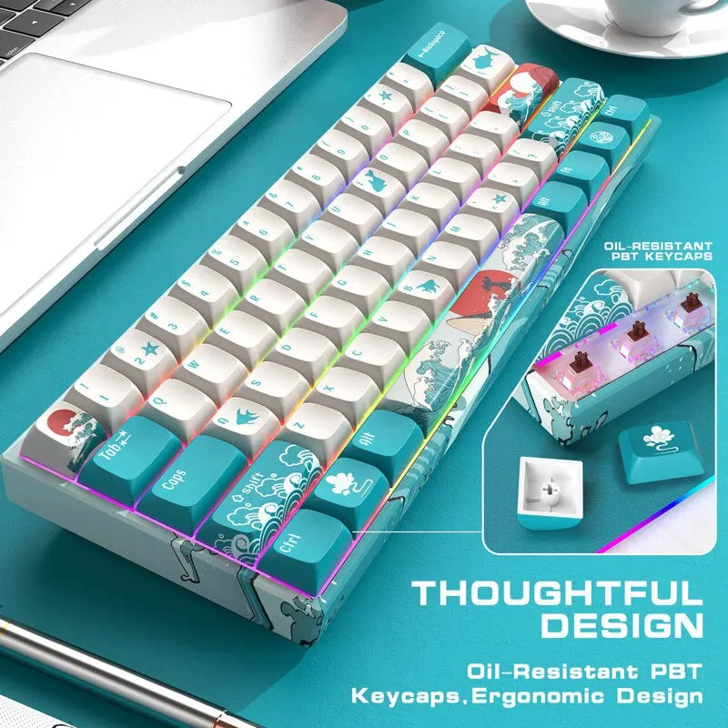 Coral sea XVX M61 Mechanical Keyboard & a Mousepad Gift |  Coral Sea Japanese Theme Wireless Keyboard RGB  and Small Mousepads