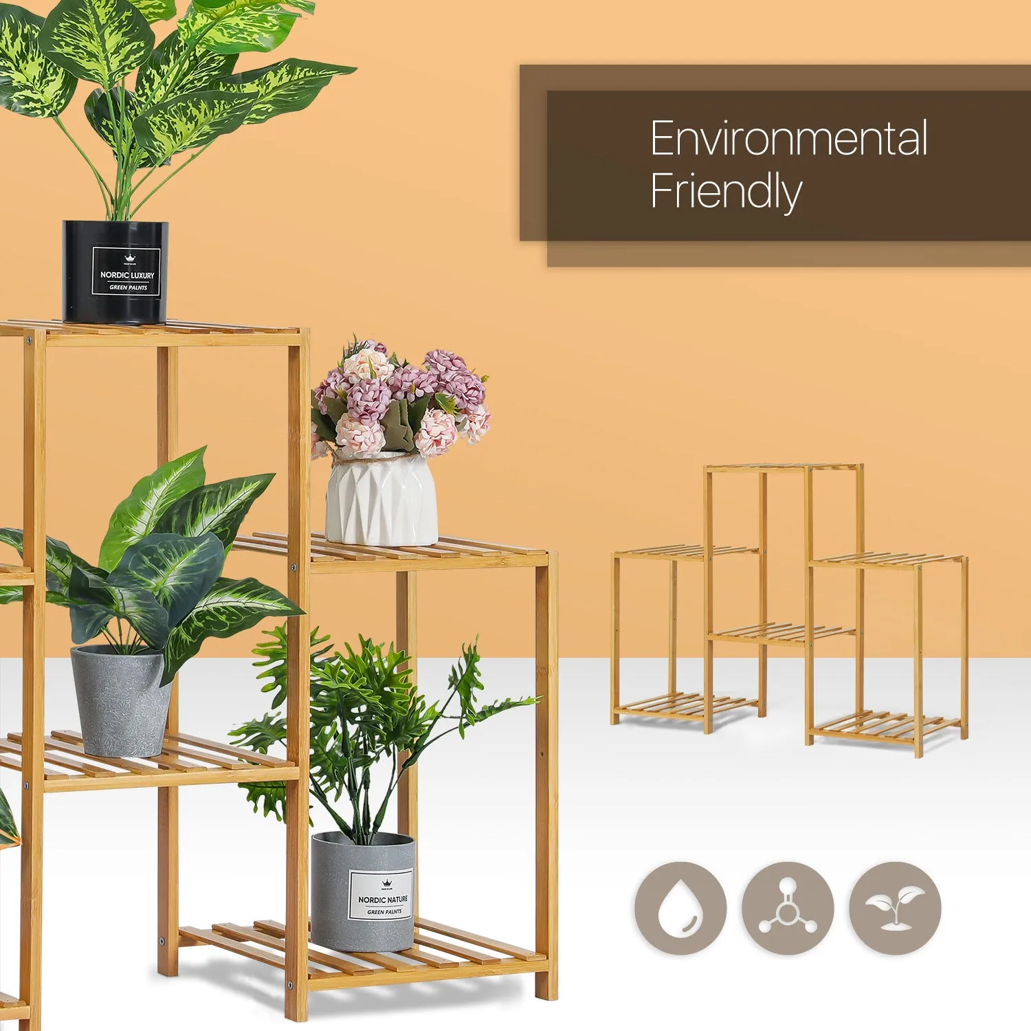 Flower Plant Stand Display Shelf - 6 Potted Plant Holder - Natural