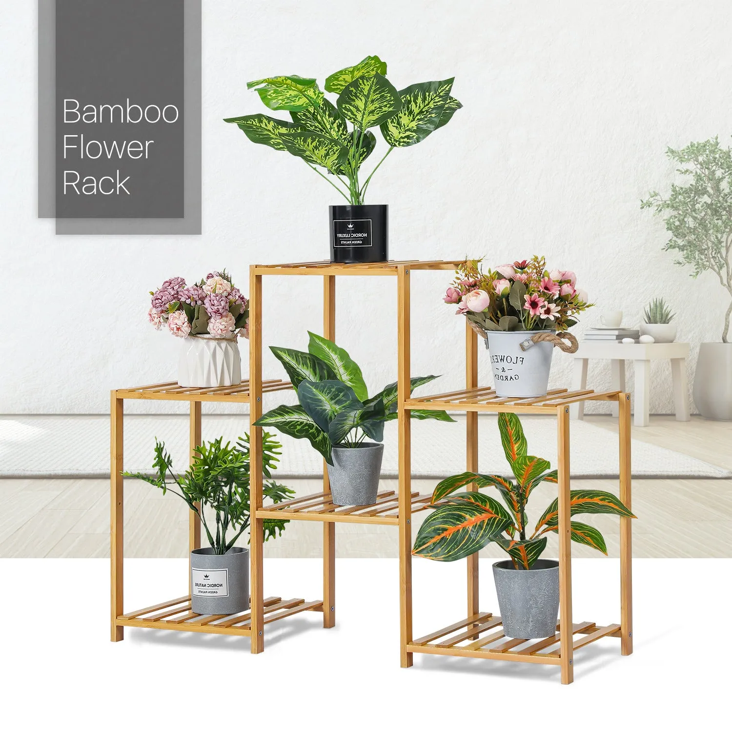 Flower Plant Stand Display Shelf - 6 Potted Plant Holder - Natural