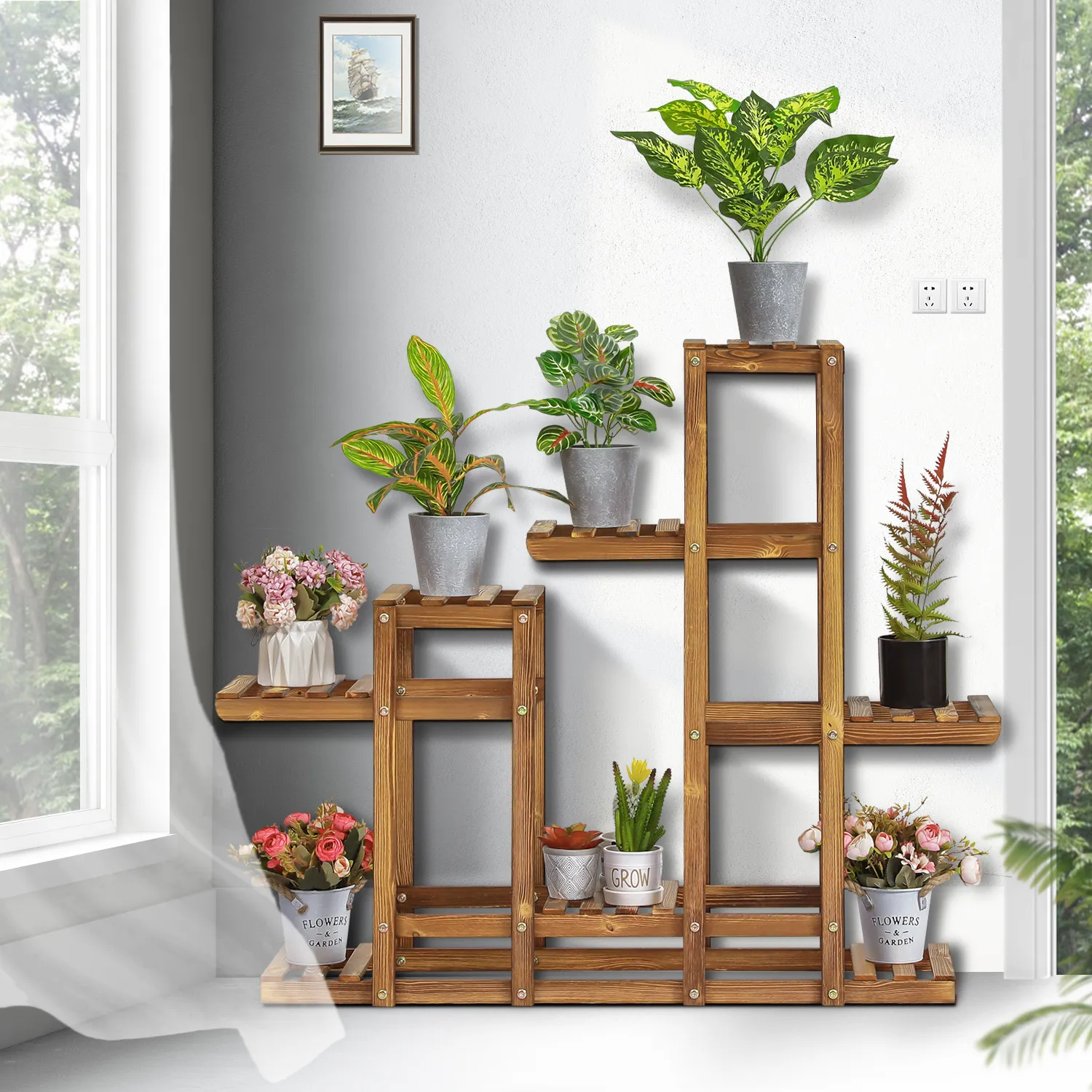 Flower Plant Stand Display Shelf - 8 Potted Plant Holder - Carbonized