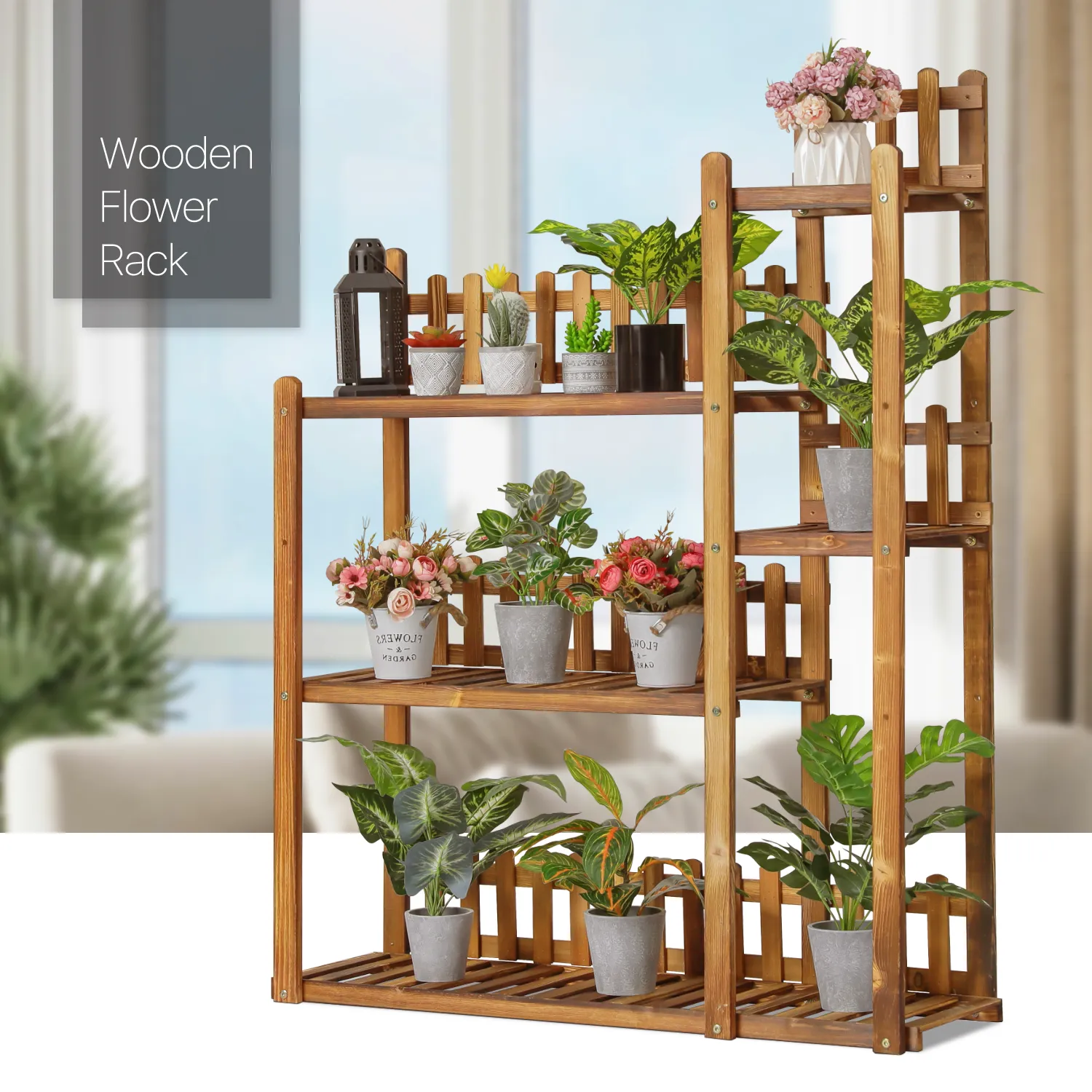 Flower Plant Stand Display Shelf - 9 Potted Plant Holder - with Fence - Carbonized