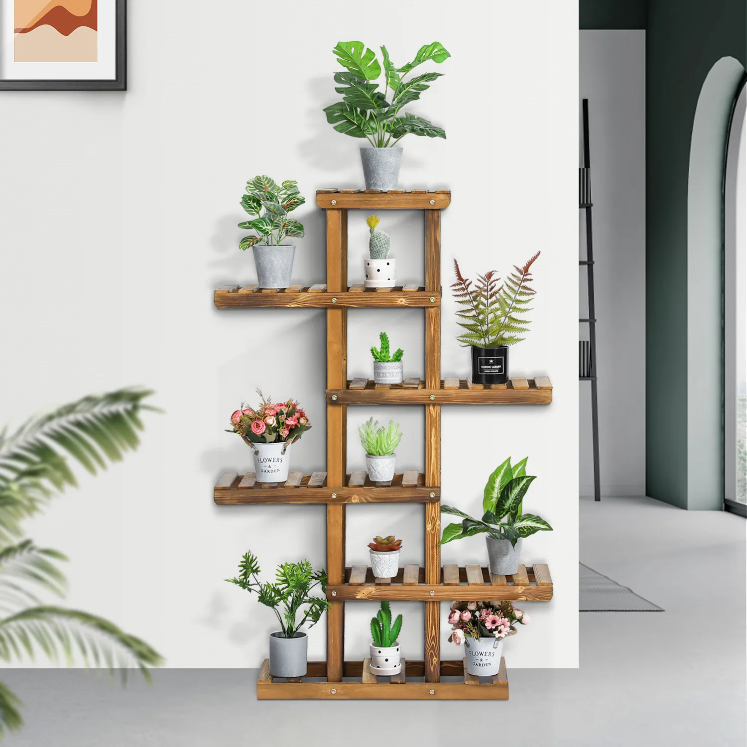 Flower Plant Stand Display Shelf - Zip-Zag Layer - 6 Tier - Carbonized