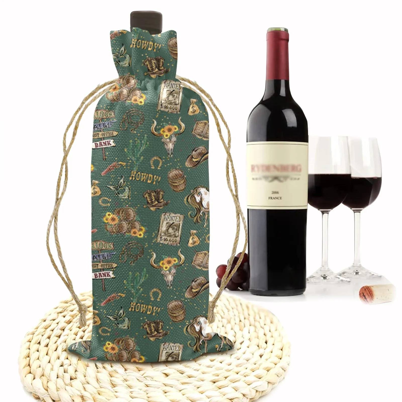 Howdy Green Linen Wine Bottle Bag