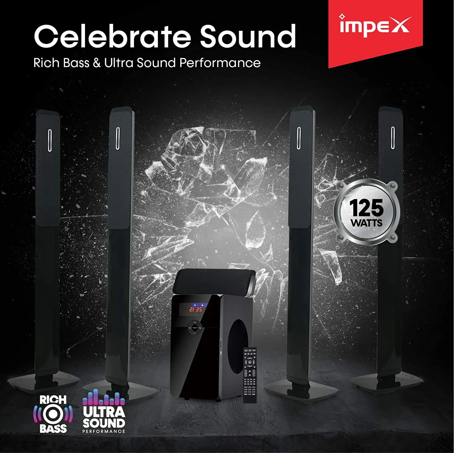 Impex HT 5105 40W Subwoofer Wooden ABS Covered Black 5.1 Channel Multimedia Home theatre Speaker System with Remote Control BT/FM Radio/USB/MP3/SD/AUX