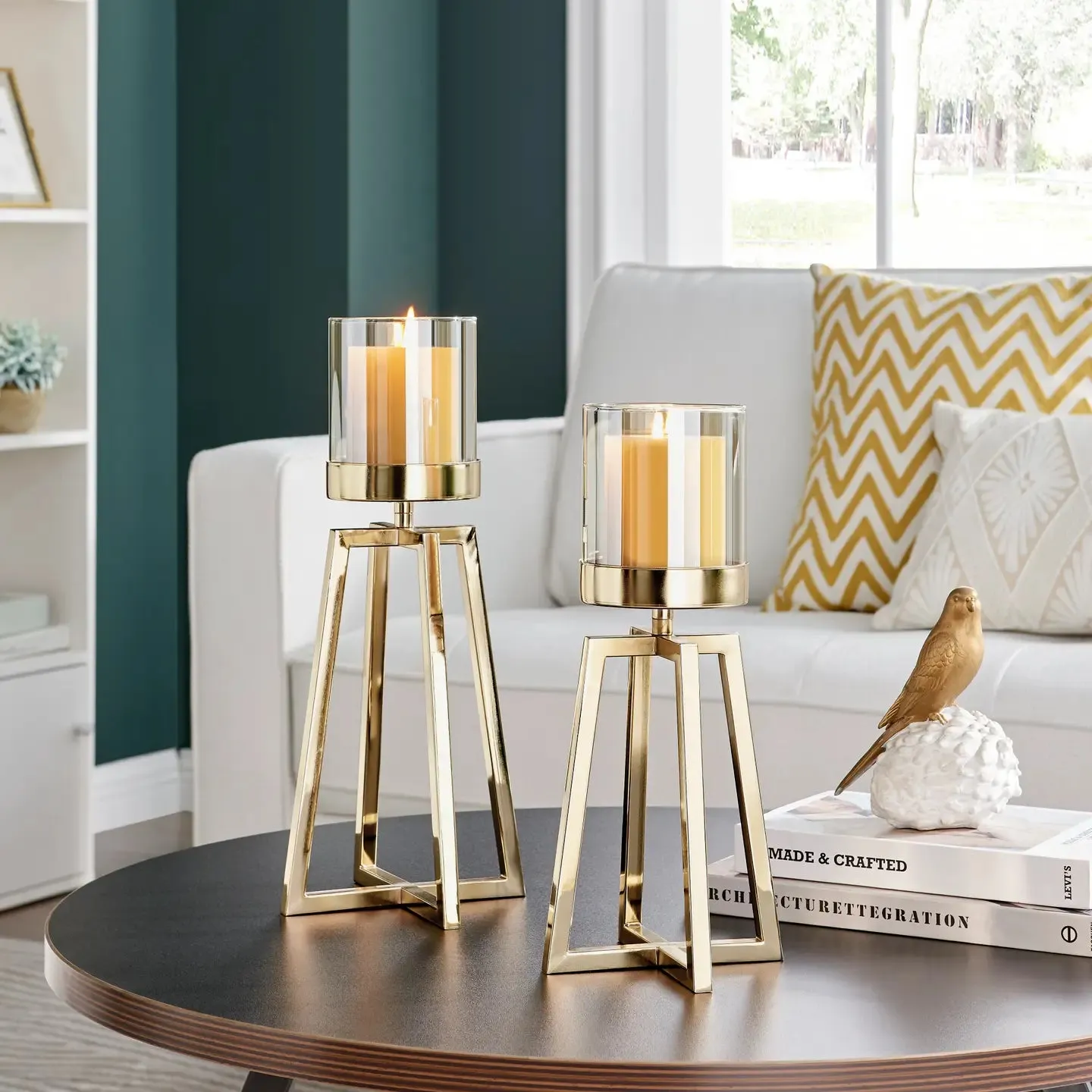 Maeve Gold Pedestal Hurricane Candle Holders