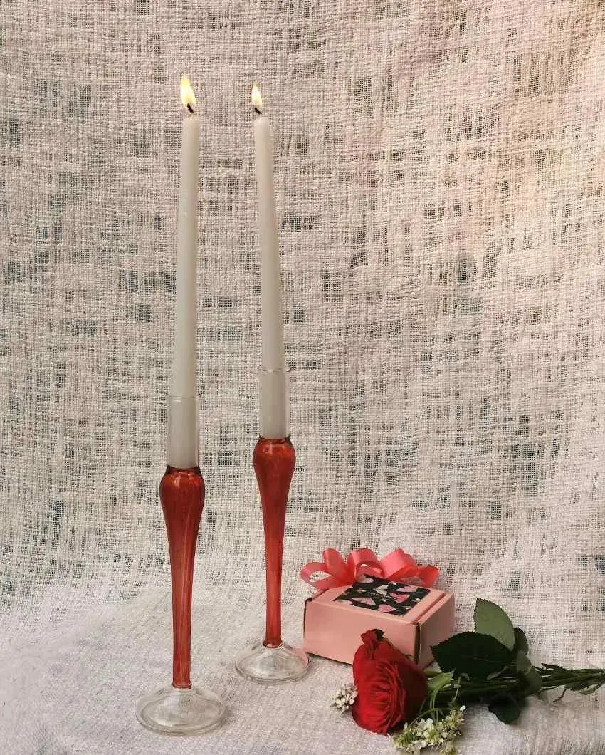 Murano Style Fire Red Vintage Glass Candle Holder | Set Of 2 | 2 x 9 inches