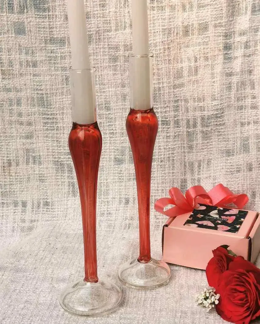 Murano Style Fire Red Vintage Glass Candle Holder | Set Of 2 | 2 x 9 inches