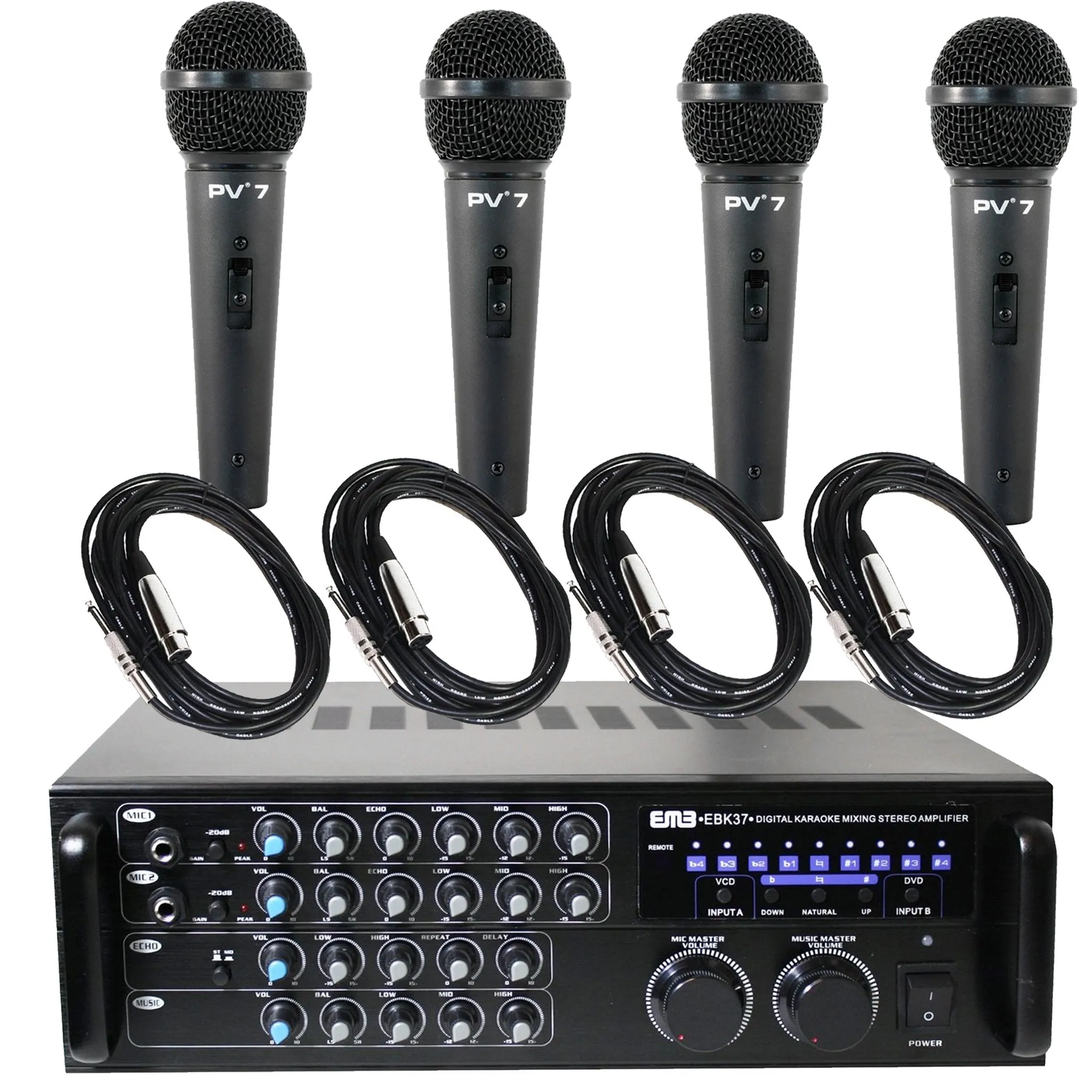 Package Bundle - EMB EBK37 Pro 700-watt Digital Karaoke Mixer Stereo Amplifier   4 Peavey PV7 Dynamic Cardiod Microphones With Cables