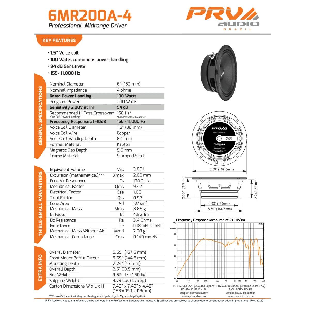 PRV 6" Mid Range Speaker 4 Ohm 200W Max Power Alto Series 6MR200A-4 Single