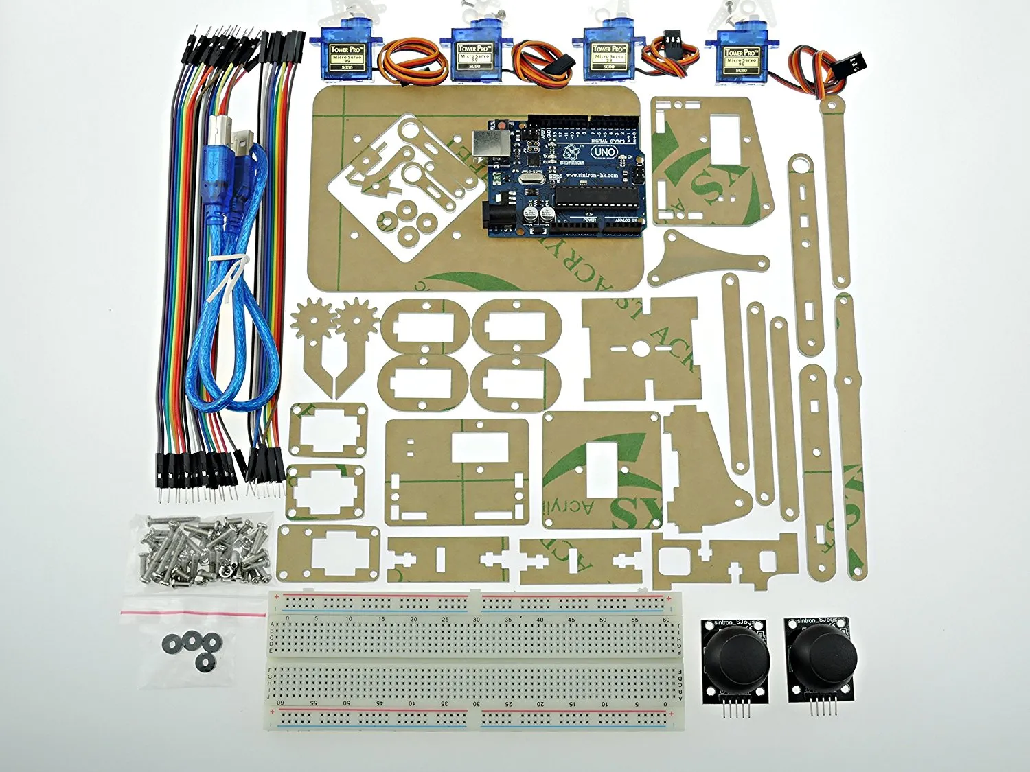 [Sintron] Mini Industrial Robotic Arm Kit, Mechanic Arm & DIY Robot Toy   Servos Joysticks UNO R3 Laser Cut Components for Arduino Education Starter