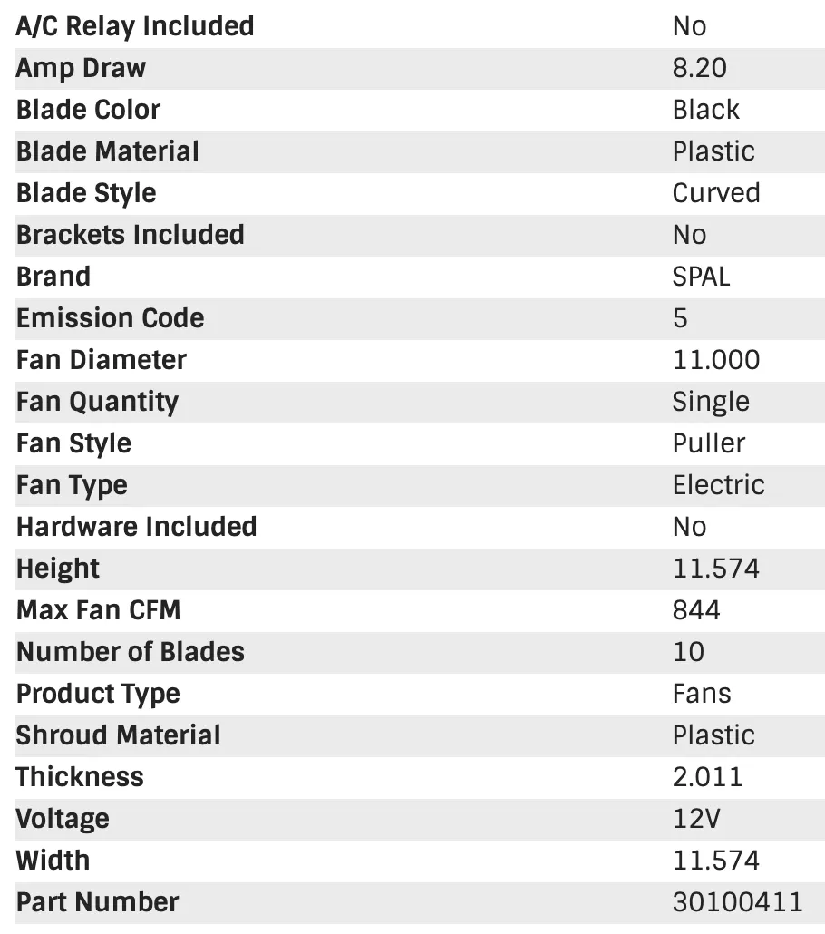 SPAL Electric Radiator Fan (11" - Puller Style - Low Profile - 844 CFM) 30100411