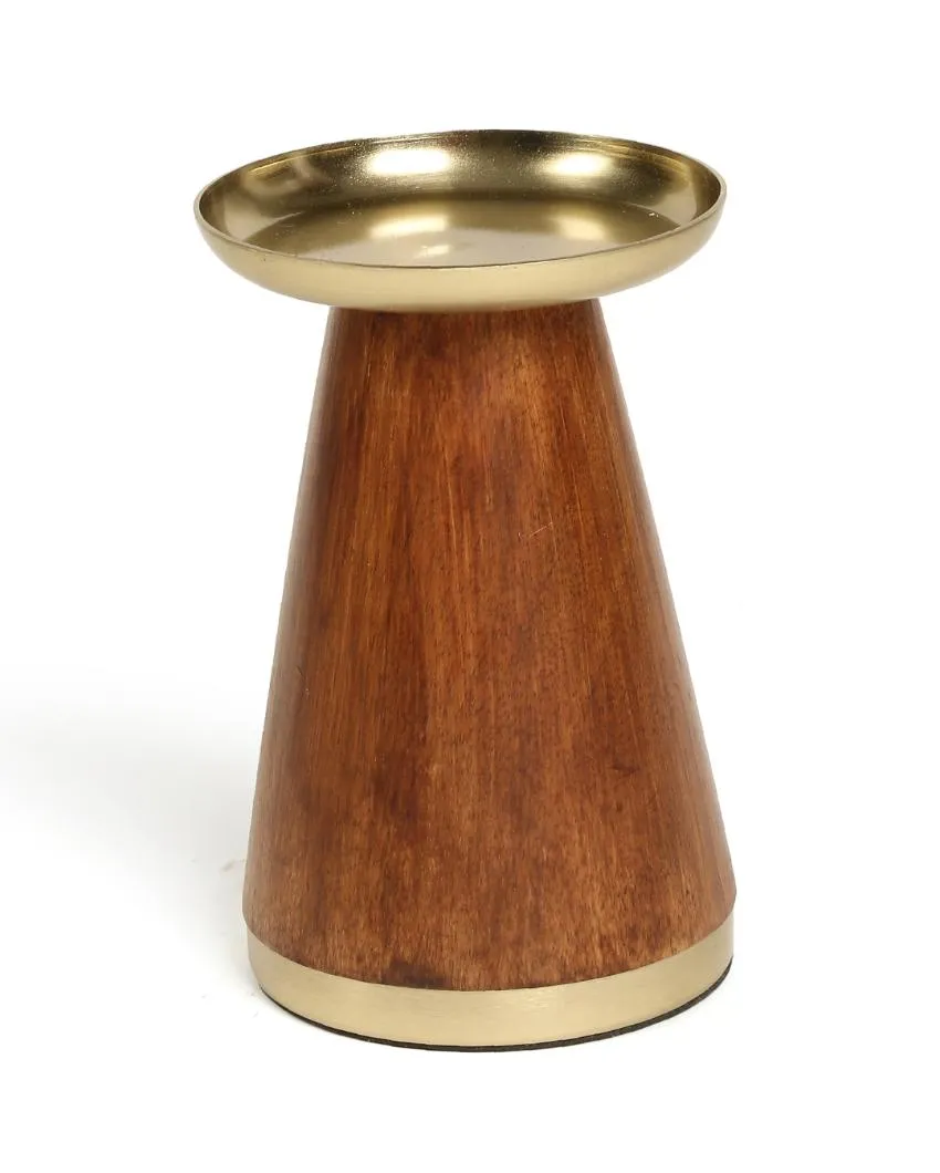 Wooden Pillar Candle Holder with Brass Top | Set  Of 2 | 6 inches & 8.5 inches