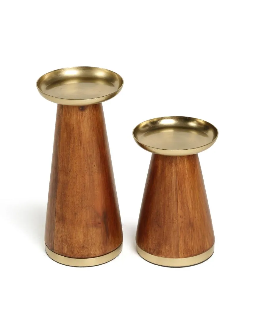 Wooden Pillar Candle Holder with Brass Top | Set  Of 2 | 6 inches & 8.5 inches