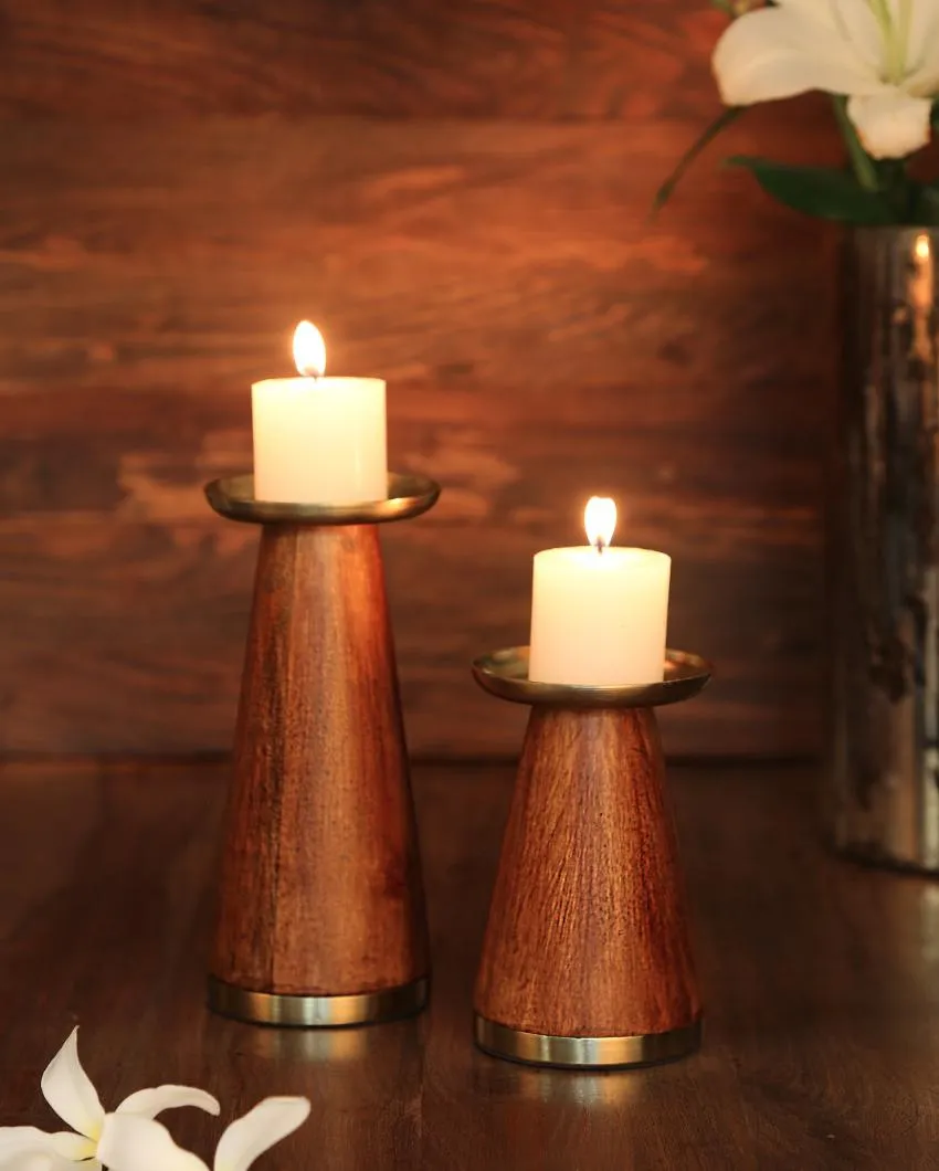 Wooden Pillar Candle Holder with Brass Top | Set  Of 2 | 6 inches & 8.5 inches