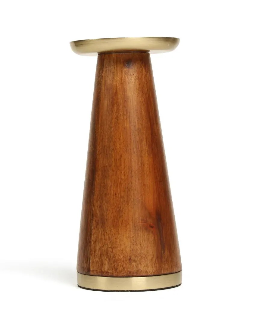 Wooden Pillar Candle Holder with Brass Top | Set  Of 2 | 6 inches & 8.5 inches