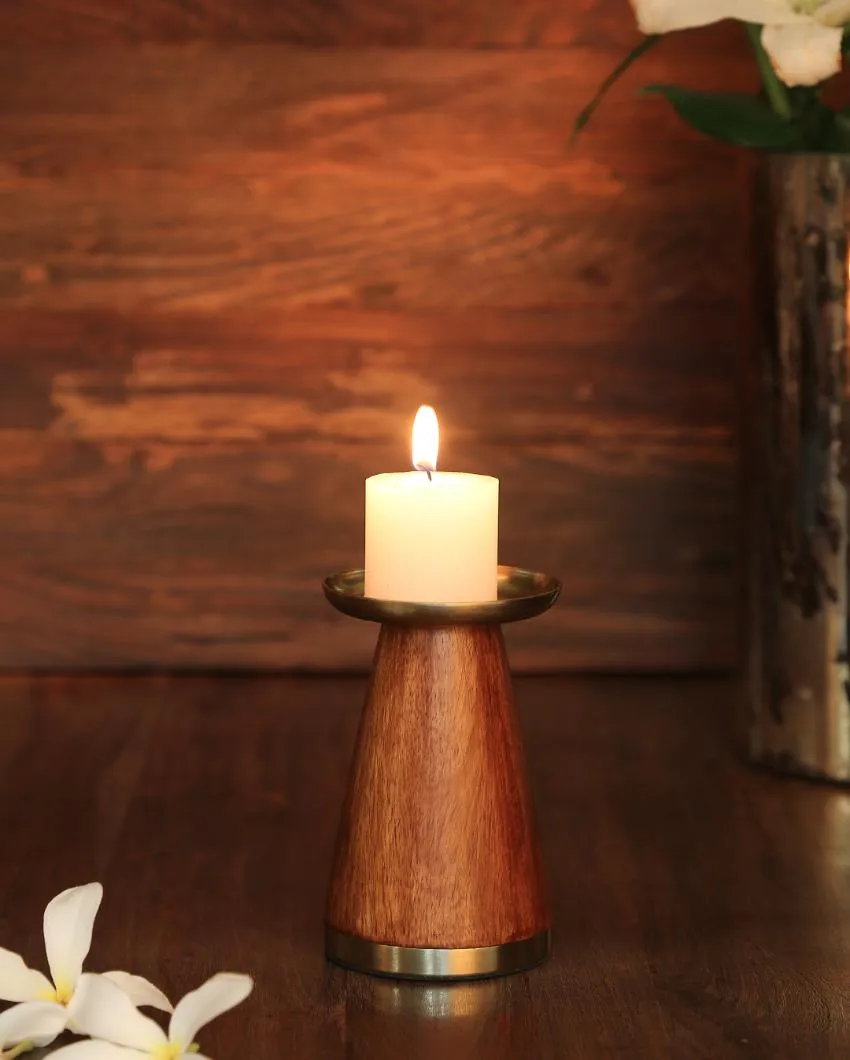 Wooden Pillar Candle Holder with Brass Top | Set  Of 2 | 6 inches & 8.5 inches